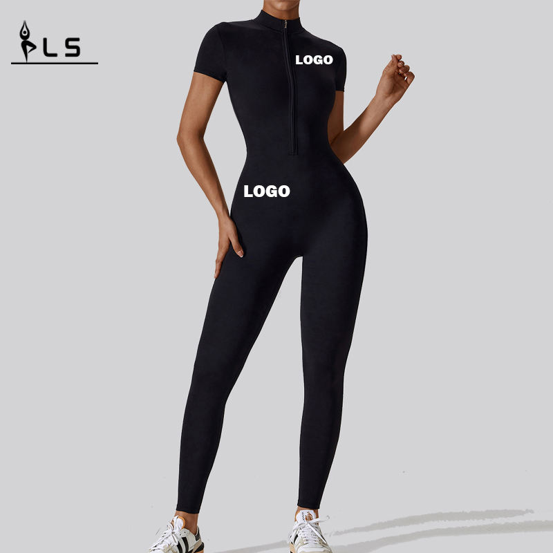 SC1075 One Piece workout Yoga Jumpsuits Solid Short Sleeve Half Zip Gym Romper Bodysuit