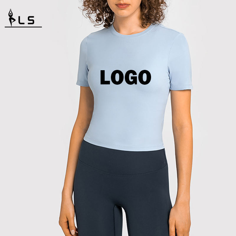 SC10267 Ademende yoga crop top gym fitness strak t-shirt rondenek slanke gemonteerde korte mouwen t-shirt