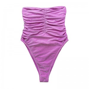 Paars zilveren strapless strapless strapless geplooide eendelig zwempak