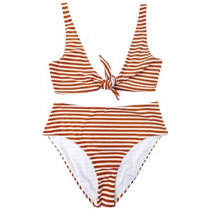Oranje oranje witte strip brede schouderboog comfortabel hoge taille tweedelig zwempak
