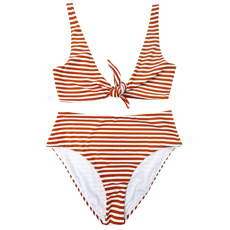 Oranje oranje witte strip brede schouderboog comfortabel hoge taille tweedelig zwempak